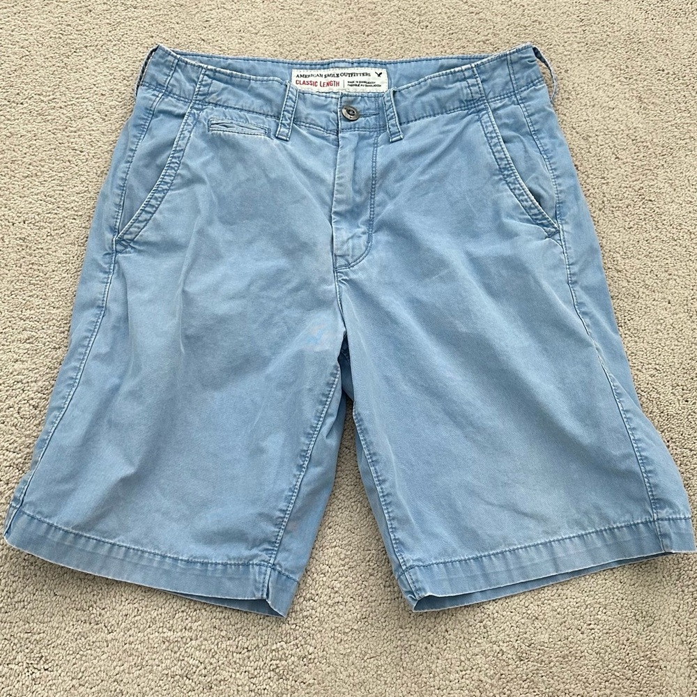 Blue Cotton Chino Shorts 
Classic Length, Vintage Faded Wash